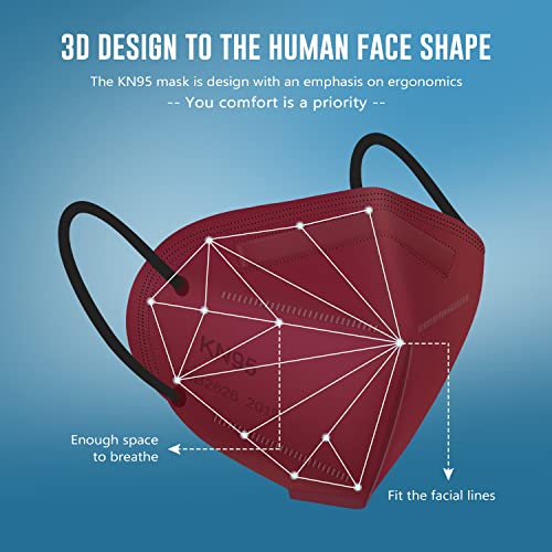 WWDOLL KN95 Face Mask 25 Pack, 5-Layers Breathable Disposable KN95 Masks - color: Red