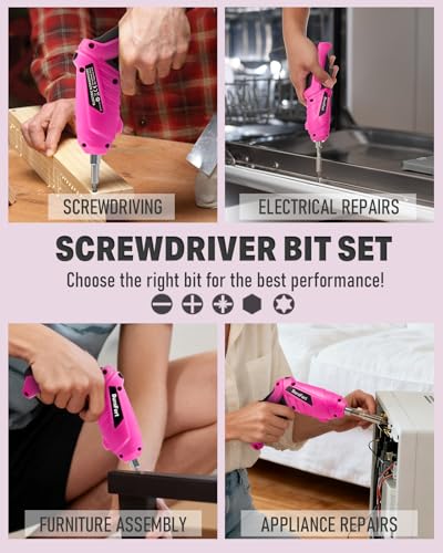 Durofort Pink Cordless Electric Screwdriver Set, 3.7V Rechargeable Small Electric Drill with 25pcs Driver Bit Set, Power 3Nm Screw Gun with 2 Position Handle, Flexible Shaft LED Light for Women