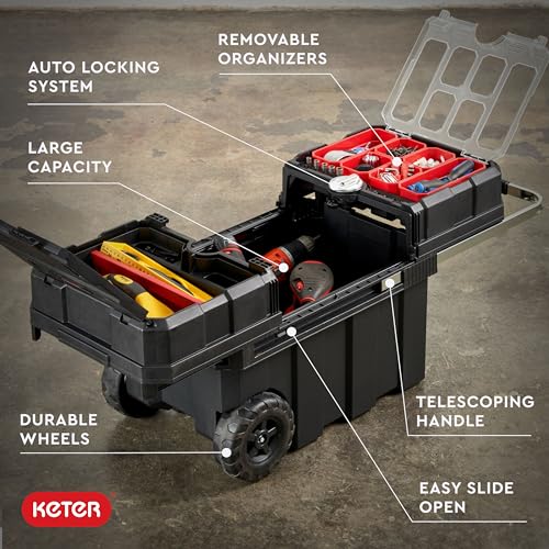 Keter Masterloader Resin Rolling Tool Box with Locking System and Removable Bins – Perfect Organization and Storage Chest for Power Drill, Tape Measure, and Screwdriver Set, Black - color: Black/Red, size: Masterloader