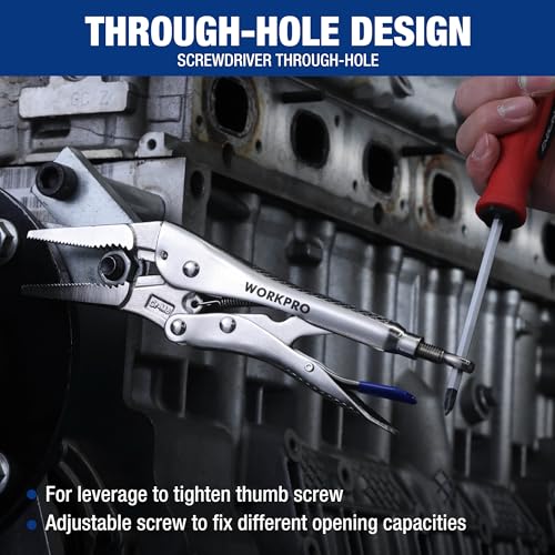 WORKPRO 5-Piece Locking Pliers Set, 5"/7"/10" Curved Jaw & 6.5"/9.5" Long Nose, CR-MO Steel Construction with Perforated Screw, Multipurpose Clamping Tool Kit for Automotive, Welding, and Home DIY