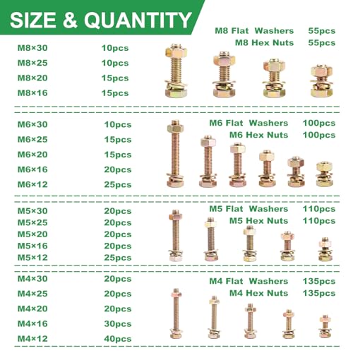Foliv 1580pcs Metric Bolt Assortment, M4 M5 M6 M8 Nuts and Bolts Assortment Kit, Grade 8.8 Alloy Steel with Yellow Zinc Plated, Length from 12-30mm - style: 1580pcs M4 M5 M6 M8