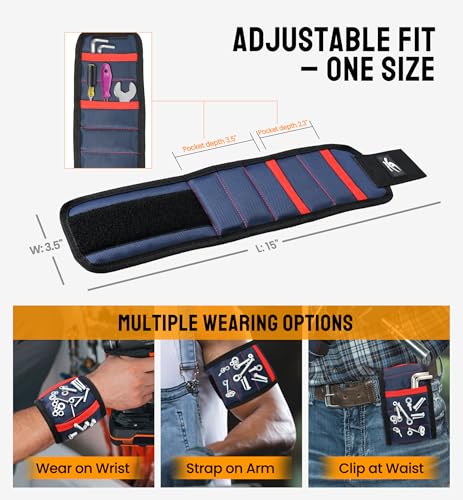 HiRui Magnetic Wristband for Tools – Ultra-Strong 15 Neodymium Magnets Hold Screws, Nails & Bits, Dual Pockets – Hands‑Free for DIY, Home Repairs, Auto – Gift‑Ready for Dad, Husband, Grandpa (Blue) - color: Blue