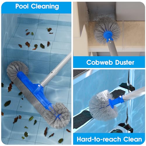 TidyMister Pool Brush with Pole - 20’’ 2-in-1 Detachable Round Brush with Extra Side Brush for Cleaning Hard-to-Reach Corners, 9 FT Aluminum Extended Pool Pole with Hidden Hook Retriever - size: 20 Inch