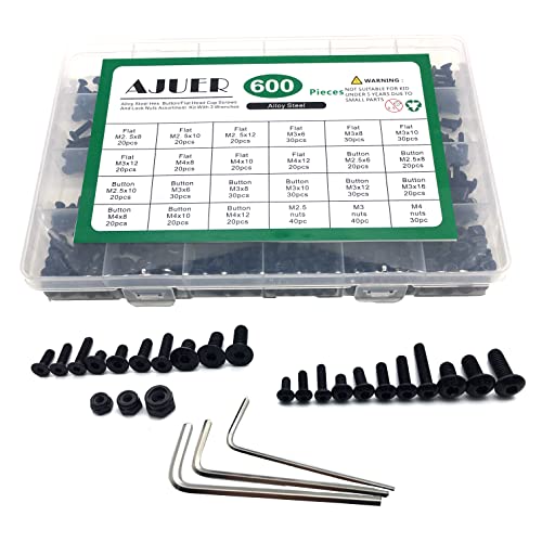 600pcs Metric Bolt Assortment M2.5 M3 M4 Alloy Steel Hex Button and Flat Head Cap Machine Screws and Lock Nuts RC Screw Kit Black Zinc Plating - size: black 600pcs hex buton haed