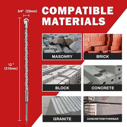 SDS Plus Rotary Hammer Drill Bit 3/4"（20mm） x 12" Concrete Masonry Drill Bits for Brick, Cement & Stone - Durable Alloy Tip, Fast Drilling - size: 3/4"（20mm） x 12"