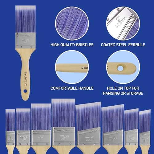 Paint Brushes, 8 Pack, Paint Brush Set, Paint Brushes for Walls, Wood, Stain, Furniture, Flat & Angle Brushes for Latex and Oil Paints, Interior & Exterior Home Improvement