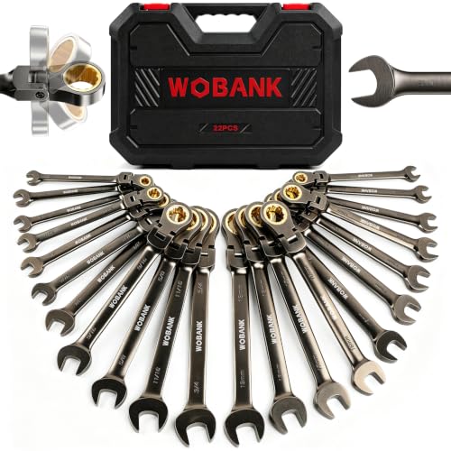 22-Piece Ratcheting Wrench Set, Flex Head Combination Wrenches Set with Organizer Box, Metric 8-19mm and SAE 1/4" to 3/4" Size, 12 Points 72-Teeth, Nickel Plating - size: Flex-head