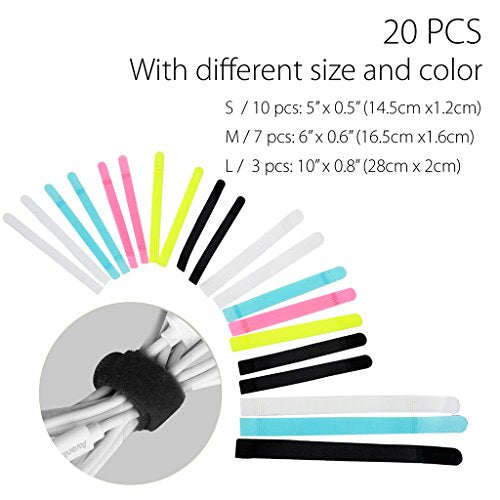 Avantree Cable Ties - 20-Pack Reusable Cord Organizers, 3 Sizes