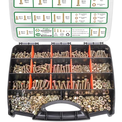 Foliv 1580pcs Metric Bolt Assortment, M4 M5 M6 M8 Nuts and Bolts Assortment Kit, Grade 8.8 Alloy Steel with Yellow Zinc Plated, Length from 12-30mm - style: 1580pcs M4 M5 M6 M8
