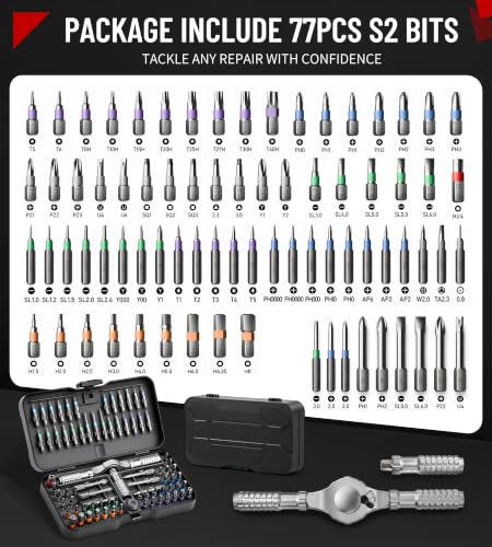 79 in 1 Precision Ratchet Screwdriver Set, Upgraded S2 Steel Tool Kit with Long Bits, Magnetic Electronics Repair Kit Compatible with Smartphones, Laptops, Gift for Men DIY Enthusiasts