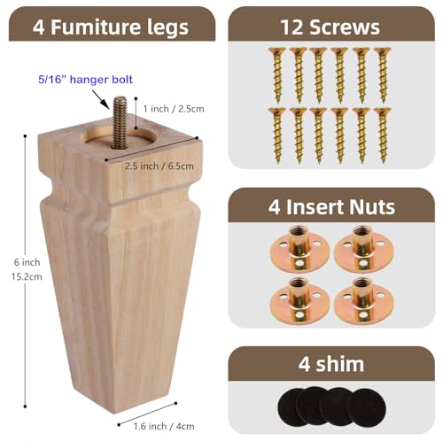 Unfinished Oak Sofa Legs - Heavy Duty Mid Century Solid Wood Replacement Furniture Legs Set of 4 for Couch, Table, Bench, Bed, Dresser, Chair - with Installation Hardware (Natural 6" H*2.5" W) - color: Plain Wood Color, size: 6"H*2.5"W