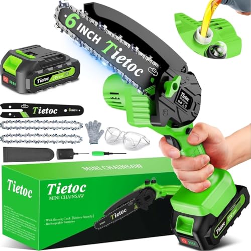 Tietoc Chainsaw 6 Inch Mini Electric Chainsaw Cordless Battery Powered, Hand Held Saw for Wood/Trees Trimming, Tools for Household and Garden, Chain Saw Gift for Men Dad Husband Fathers Gardener 2026 - color: ‎green-1 Battery