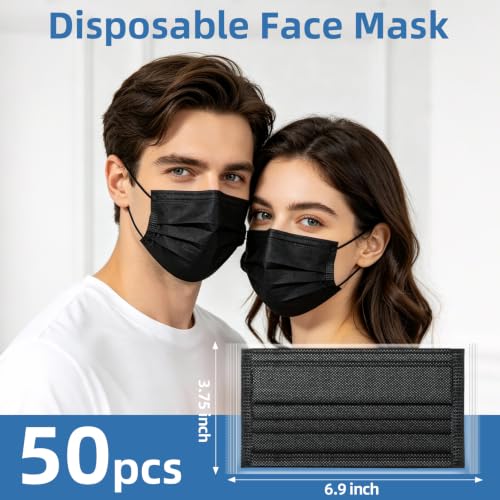 50Pcs Surgical Masks,Black Disposable Face Masks,3-Ply Breathable Mask For Adults,Great For Outdoors, Home, Office, School - color: Black
