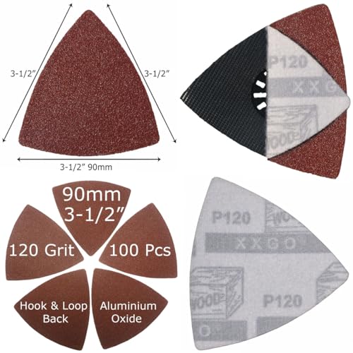 XXGO 100 Pcs 120 Grits 3-1/2 Inch 90mm Triangular Sandpaper for Multitool | Strong Velcro , Hook & Loop Design , XXGO LOGO , Triangle - size: 3-1/2 Inch 120 Grit - 100 Pcs