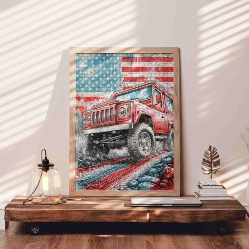 American Flag Truck Patriotic Jigsaw Puzzle 1000 Pieces for Adults - color: Sports 05