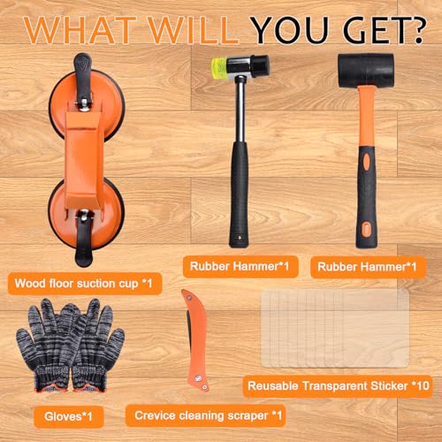 Floor Gap Fixer Tool Kit for Laminate & Vinyl Plank Floors, Heavy Duty Floor Suction Cup Tool for Gaps with Rubber Hammer, Adhesive Pads & Scraper, Laminate Floor Repair Kit for Floating Floors