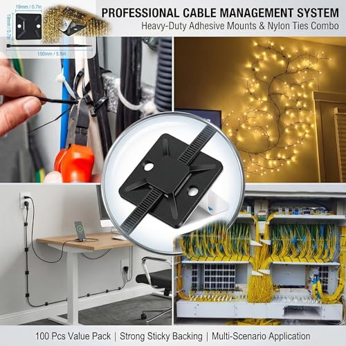 Zip Tie Mounts - SeuYeugX 100PCS Cable Self Adhesive Mounts Set for Wire Management with Stick Pads Anchors Clips Squares Holders (Black) - color: Black
