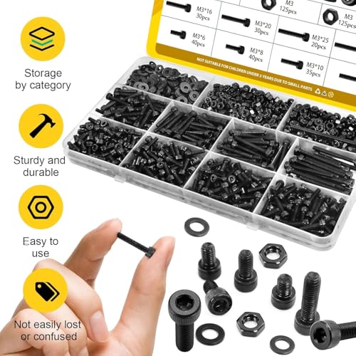 750PCS M3 Hex Socket Screw Assortment Kit,M3x6/8/10/12/16/20/25/30 mm - size: M3 750pcs