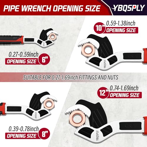 Pipe Wrench Set, 6” 8” 10” 12” Self Adjusting Wrench 4-Piece Plumbing Tools for 0.27“-1.7”/7-43mm Standard Nuts, Irregular Nuts, Pipes Use
