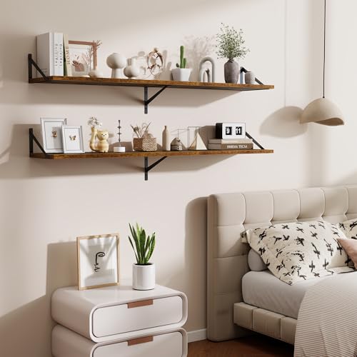 Acovy Deep Floating Shelves,55" Wx10 D Wood Wall Shelves Set of 2,Long Wood Floating Shelf with Metal Brackets,Floating Bookshelf for Living Room,Kitchen,Office,Bedroom,Decor Storage,Rustic Brown - color: Rustic Brown, size: 55"Wx10"D-2pcs
