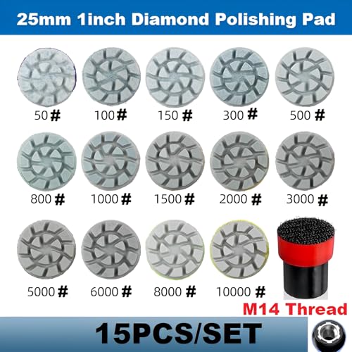 1inch 25mm Mini Diamond Polishing Pad Set, 14PCS Different Grit 50#-10000# Water Sanding Discs & 1PC M14 Thread Hook & Loop Backing Holder for Detail Fine Grinding - style: M14 Thread