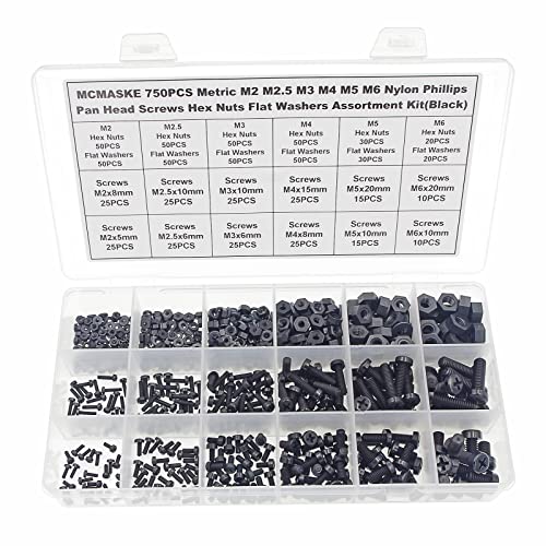 750PCS Metric M2 M2.5 M3 M4 M5 M6 Nylon Phillips Pan Head Screws Hex Nuts Flat Washers Assortment Kit(Black) - size: M2, M2.5, M3, M4, M5, M6