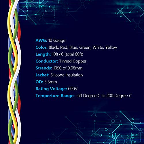 Fermerry 10 AWG Stranded Wire Spool 10ft Each 6 Colors - size: 10FT, style: 10 AWG-6C