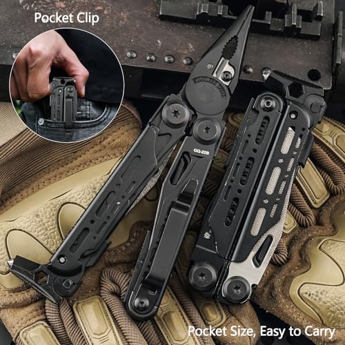 HX OUTDOORS 19 In 1 Pocket Multi Tool, Stainless Steel Multitools Pliers with Fire Starter and Glass Breaker, Folding EDC Camping Survival Tools for Men (Black) - color: Black
