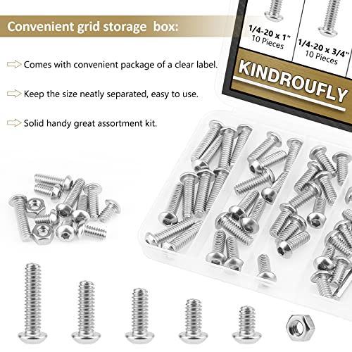 66 Pieces 1/4-20 x 3/8", 1/2", 5/8", 3/4", 1", Button Head Socket Cap Screws Nuts Assortment Kit, 304 Stainless Steel, Fully Machine Thread - size: 1/4"-20, style: Button Head