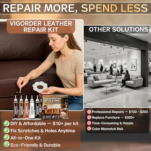 Vigorder Brown Leather Repair Kit for Furniture, Leather Couch Repair Kit for Furniture, Sofa, Jacket, Purse – Super Easy Instructions to Fix Scratches, Tears, Holes, and Peeling - color: Brown