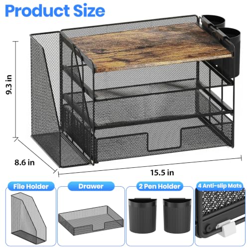 OPNICE Desk Organizer, 4-Tier Desktop File Organizer with Drawer and Pen Holders, Office Desk Accessories, File Sorters, Workspace Organizers for Office Supplies(Wood) - color: Wood, size: 4T