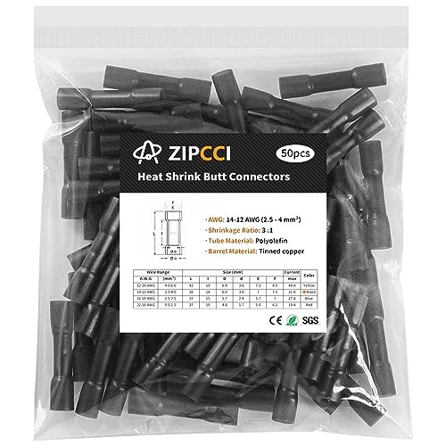 14-12 AWG Butt Connectors Heat Shrink - 50Pcs Black Electrical Wire Connector Insulated Waterproof Boat Automotive Wire Splice Crimp Wiring Terminals - size: AWG 14-12