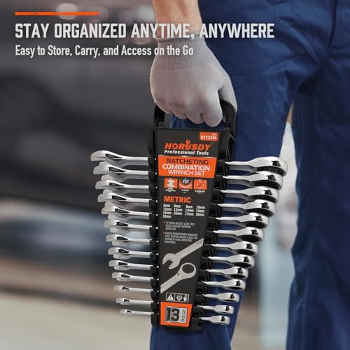 HORUSDY 13-Piece Sturdy Ratcheting Wrench Set | Metric Sizes 6–19mm | Max Torque Ratchet Combination Wrenches Set with Storage Rack | 72-Tooth | Chrome Vanadium Steel - style: 13pcs Metric Ratchet Wrench Set