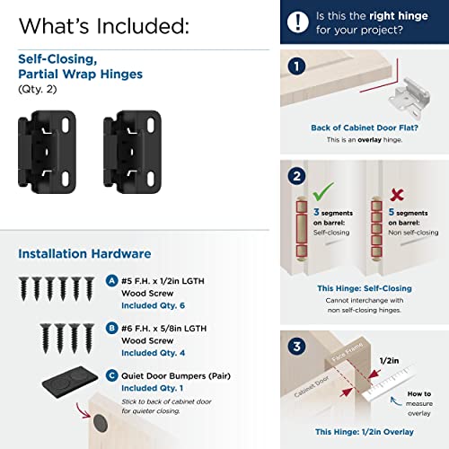 Amerock 1 Pair 1/2" Overlay Matte Black Partial Wrap Cabinet Hinge - color: Matte Black, size: 1/2 Inch (13 mm) Overlay