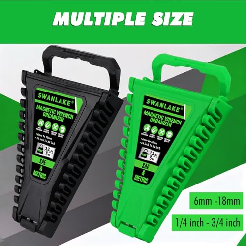 2-Piece Magnetic Wrench Organizer, Metric & SAE Portable Plastic Wrench Holder, 24-Slot Total, Foldable Carrying Handle for Wall-Mounted, Easy-Open Lock Cover, Wrenches Storage Rack Tool for Tool Box - style: 2PCS Green&Black