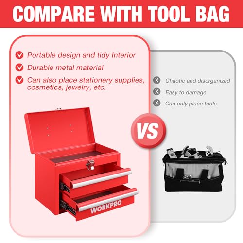 WORKPRO Portable Mini Metal Tool Box with 2 Drawers - color: Red