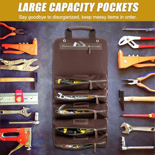 Leather Tool Bag Genuine Leather Tool Roll Bag Rolling Up Tool Bag with 6 Pockets Heavy Duty Roll Up Bag Organizer for Motorcycle Mechanic Electrician Woodworker Hobbyist"