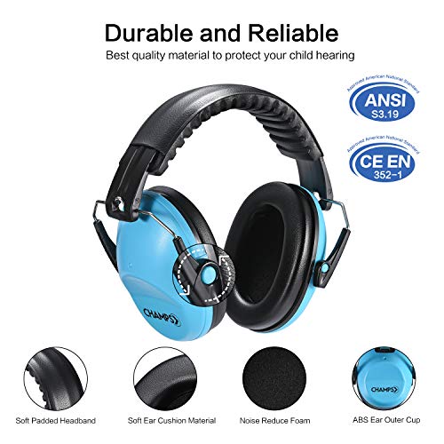Champs Ear Muffs for Noise Reduction Earmuff Noise Protection Reduction Headphones for Toddlers Kid Children Teen NRR 25dB Safety Hearing Ear Muff Air Shows, Concerts, Firework, Study [Blue] - color: Blue