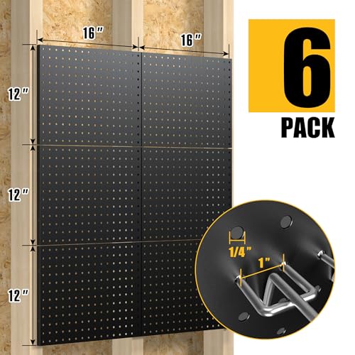 Spampur Peg Board, 6 Pack Metal Pegboard Panels with 50 Hooks - color: Black, size: 16x12"- 6 Pcs