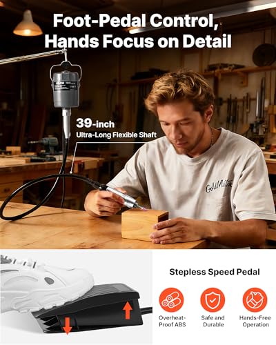 VEVOR Flex Shaft Grinder, 150W 23000RPM Electric Flex Shaft Rotary Tool, Foot-Pedal Control Hanging Carver Grinder with 112PCS Accessory Kit for Sanding Buffing Polishing Cutting