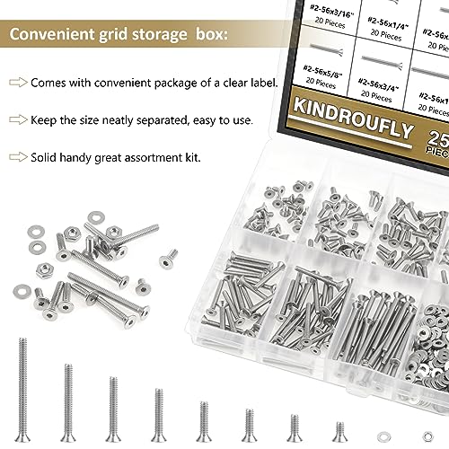 252 Pieces #2-56 x 3/16", 1/4", 5/16", 3/8", 1/2", 5/8", 3/4", 1", Countersunk Head Socket Cap Screws Nuts Washers Assortment Kit, 304 Stainless Steel, Fully Machine Thread - size: #2-56, style: Countersunk Head