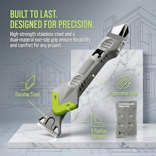 5-in-1 Caulking Tool Kit, Stainless Steel Caulk Remover & Silicone Sealant Finishing Tool with 5 Replaceable Radius Pads, Grout Removal & Scraper Tool for Bathroom, Kitchen, Tile, Window, Sink - color: Green
