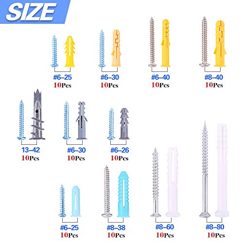 Glarks 220-Pieces Plastic Self Drilling Drywall Ribbed Anchors Hollow-Wall Anchor with Screws Assortment Kit for Drywall, Hollow-wall Hanging Wall Shelf or Blinds