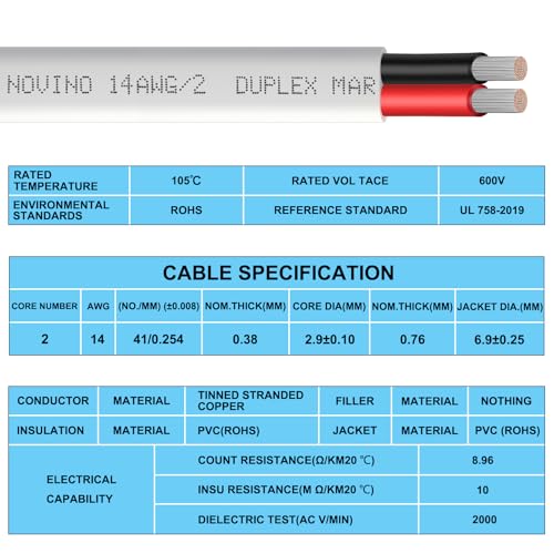 14 Gauge Marine Wire,14/2 Duplex Marine Grade Cable,15FT 14 AWG Wire | Waterproof Oxygen-Free Tinned Copper Stranded Corrosion Resistant Flexible Electrical Cable for Boat/Automotive/RV/Solar - size: 15 ft, style: 14 gauge