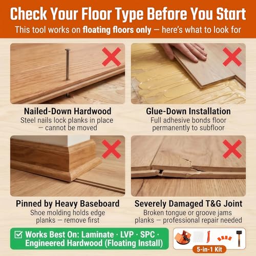 Floor Gap Fixer Tool, Fix Laminate LVP & Vinyl Plank Floor Gaps Without Contractor, Heavy Duty 45° Double-Sided Strike, 5-in-1 Complete Kit with Silicone Suction Cup, Rubber Mallet & Slot Cutter