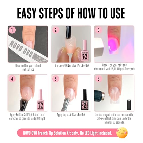 NOVO OVO UV Nail Glue (Also Work as Builder Gel) and Top Coat (with Cat Eye Effect) Kit, Hema TPO Free, Super Strong Adhesive for Press on Acrylic Nails, CatEye Gel Glitter Polish, Magnet Included