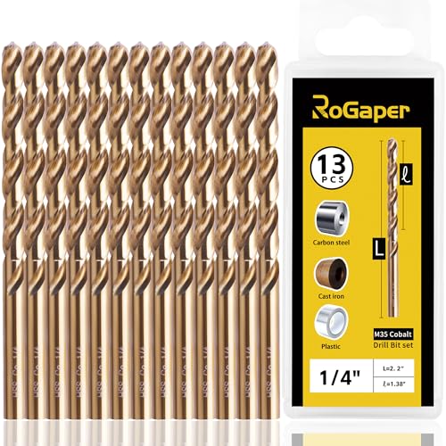 1/4 Inch Cobalt Drill Bits, 13 Pack of M35 HSS, 135 Degree Tip, Jobber Length Twist Drill Bit Set for Hard Metal, Stainless Steel, Cast Iron, Wood and Plastic, with Storage Case - style: 1/4-13pcs
