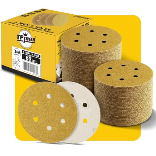100PCS 6 Inch 60 Grit 150mm 6 Hole Sanding Discs Sandpaper - Premium Gold Round Hook and Loop for Random Orbital Sander - Ideal for Wood, Metal, Automotive - style: 60 Grit - 100 Pack