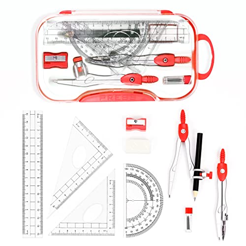 Unjoo Geometry Set 10 Pcs Student Supplies, Protractor and Compass (Red) - color: Red1