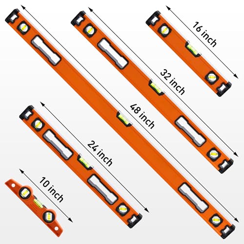 5-Piece Spirit Level Set, 10", 16", 24", 32", 48" Level Set with Magnetic Torpedo Level